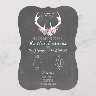 Floral Antlers Chalkboard Inspired Graduation Invitation