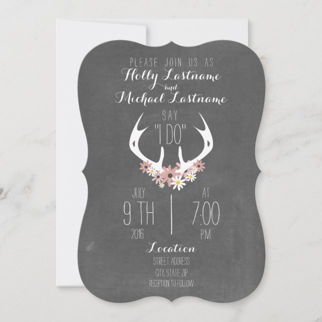 Floral Antlers Chalkboard Inspired Wedding Invitation (Front)