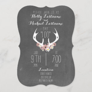 Floral Antlers Chalkboard Inspired Wedding Invitation