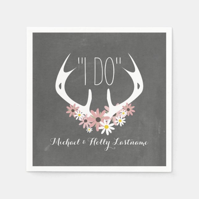 Floral Antlers Chalkboard Inspired Wedding Napkin (Front)