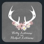 Floral Antlers   Chalkboard Inspired Wedding Square Sticker<br><div class="desc">A wedding sticker featuring an illustration of a pair of deer antlers with pink and white daisies.  Background is chalkboard inspired.  Personalise the text with your names.</div>