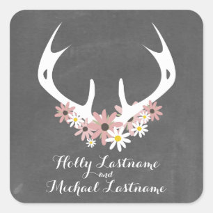 Floral Antlers + Chalkboard Inspired Wedding Square Sticker