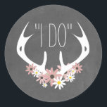 Floral Antlers Chalkboard Inspired Wedding Sticker<br><div class="desc">A sticker featuring an illustration of a pair of deer antlers with pink and white daisies. Background is chalkboard inspired.</div>