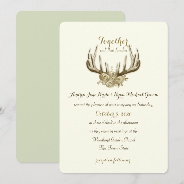 Floral Antlers Elegant Woodland Wedding Invitation (Front/Back)