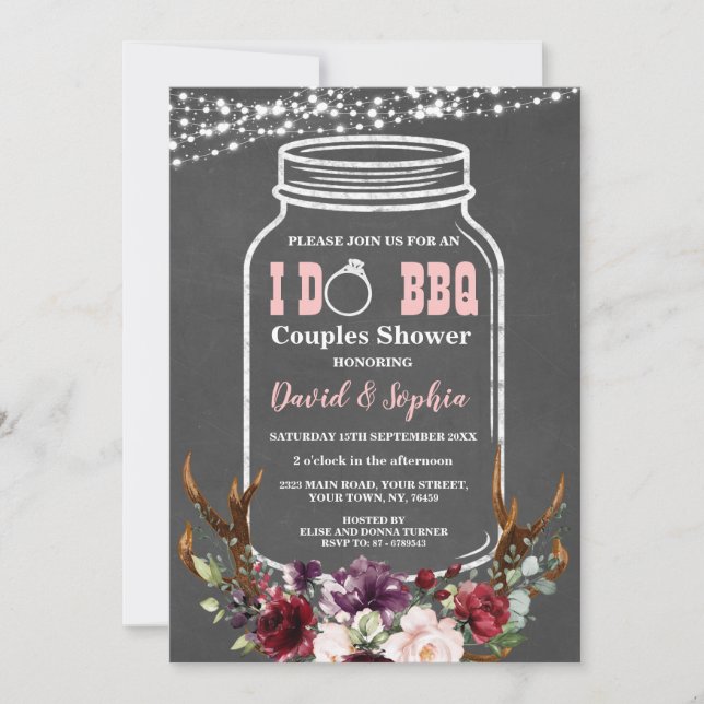 Floral Antlers Mason Jar Chalk I DO BBQ Invitation (Front)