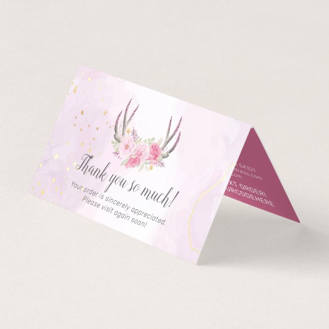Floral Antlers Pink Gold Marble Thank You Card (Front)