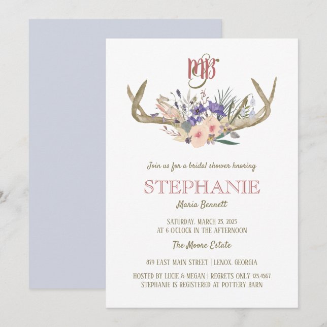 Floral Antlers Rustic Bridal Shower Invitation (Front/Back)