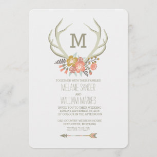 FLORAL ANTLERS   RUSTIC WEDDING INVITATION