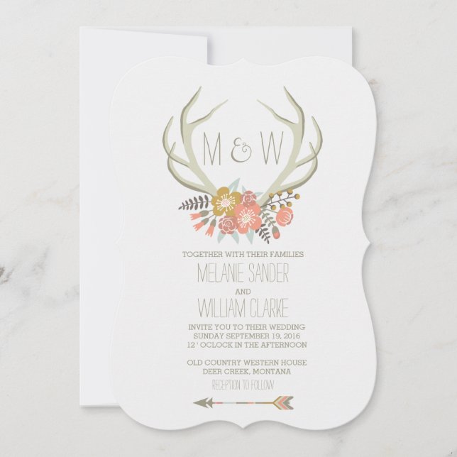 FLORAL ANTLERS | RUSTIC WEDDING INVITATION (Front)