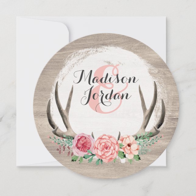 Floral Antlers Rustic Wedding Personalised Casual Invitation (Front)