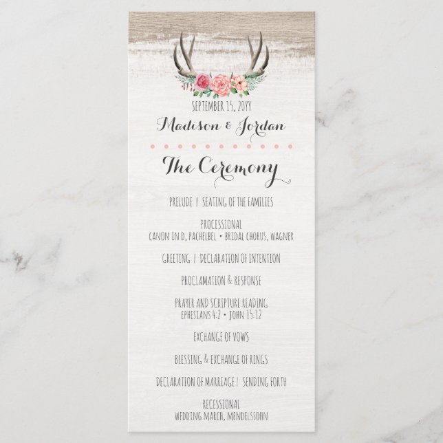 Floral Antlers Rustic Wedding Program Schedule Programme (Front)