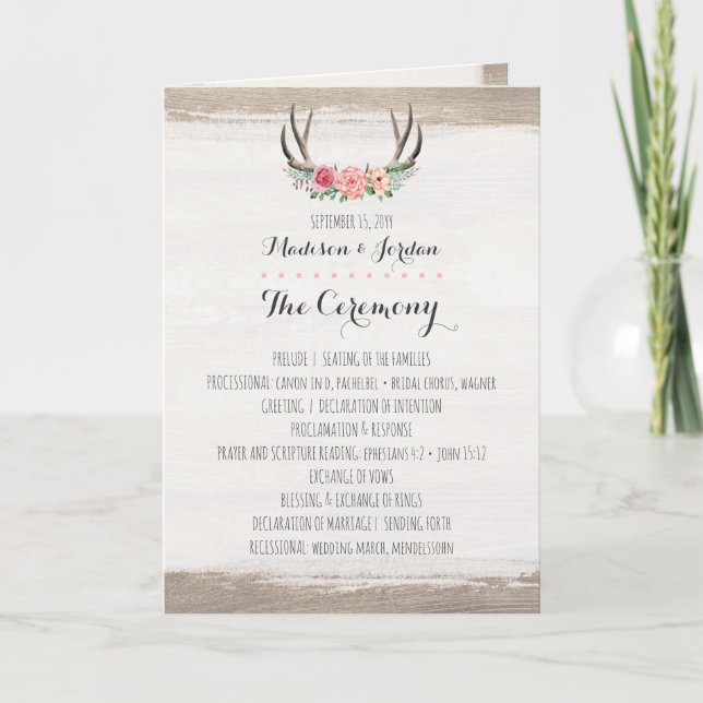 Floral Antlers Rustic Wedding Program Schedule Programme (Front)