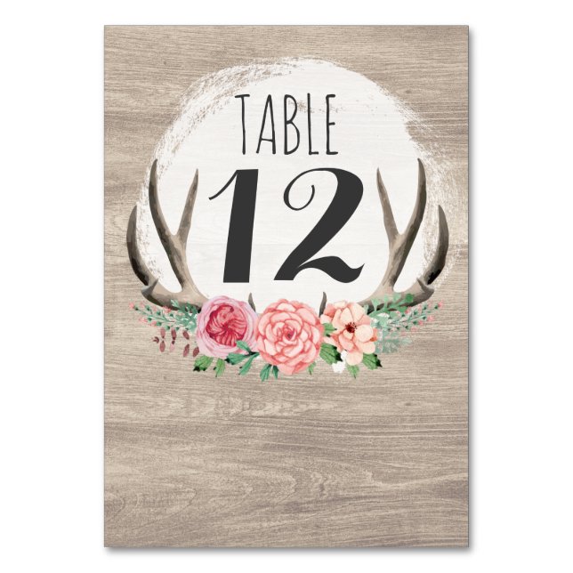 Floral Antlers Rustic Wood Custom Wedding Table Number (Front)