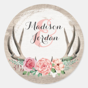Floral Antlers Rustic Wood Wedding Personalised Classic Round Sticker