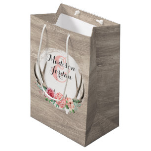Floral Antlers Rustic Wood Wedding Personalised Medium Gift Bag