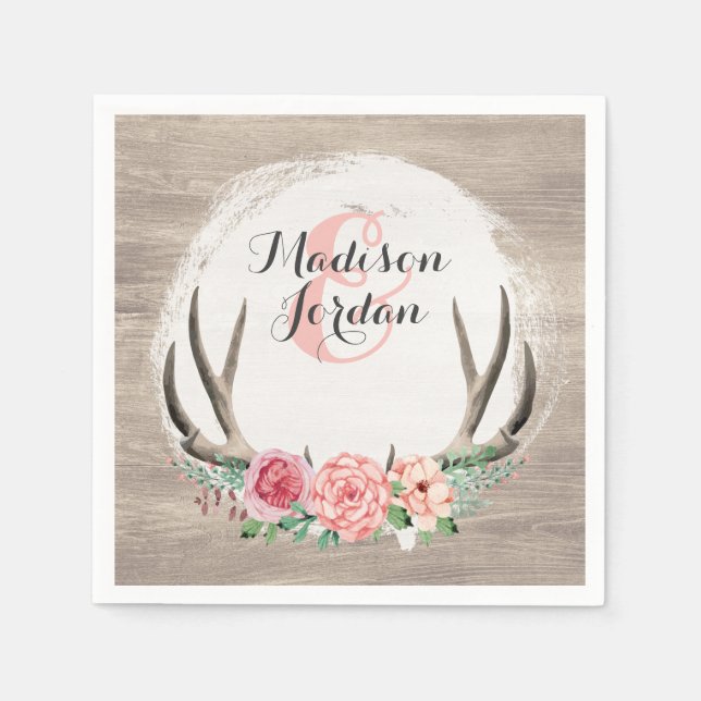 Floral Antlers Rustic Wood Wedding Personalised Napkin (Front)