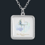 *~* Floral AP35 Communion Christian Confirmation Silver Plated Necklace<br><div class="desc">(( search id AP35 for similar designs )) SIMPLE MINIMAL Design. BLUE floral bouquet on cross / crucifix SQUARE SHAPE The background is WHITE. The text font is fancy , elegant and sophisticated calligraphy script. The design is very SIMPLE and MINIMAL. Religious Catholic Christian blessed Cross design with a BLUE...</div>