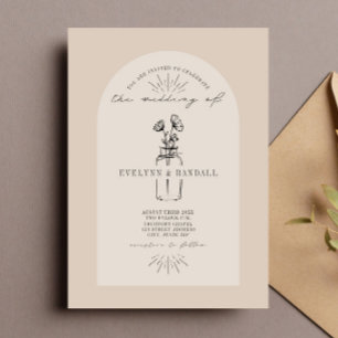 Floral Apothecary Line Art Tan Wedding Invitation