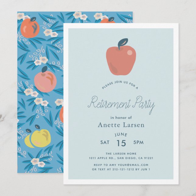 Floral Apple Blue Teacher Retirement Invitation (Front/Back)