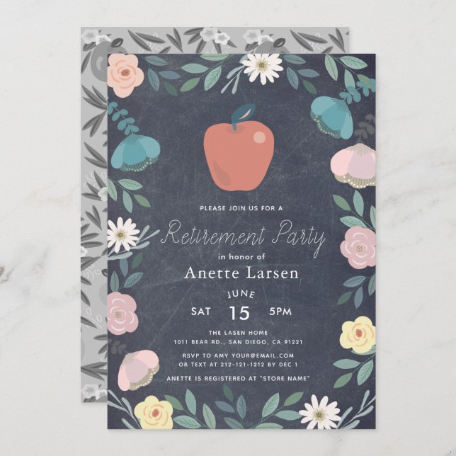 Floral Apple Chalkboard Teacher Retirement Invitation (Front/Back)