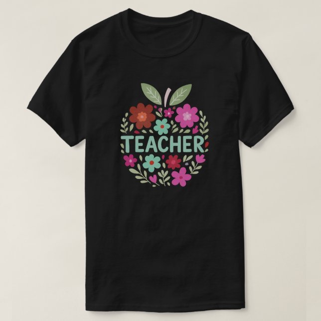  Floral Apple Teacher Design T-Shirt (Design Front)