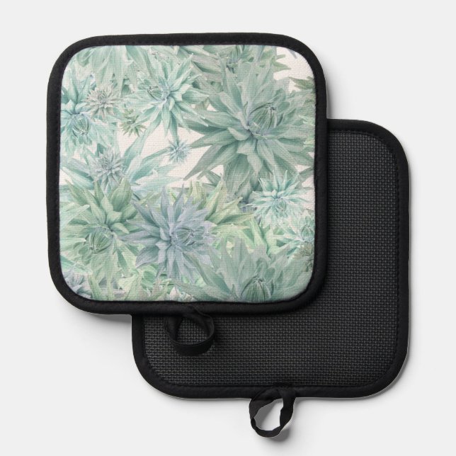 Floral Apron – Soft Blues & Greens on White  Pot Holder (Front/Back)