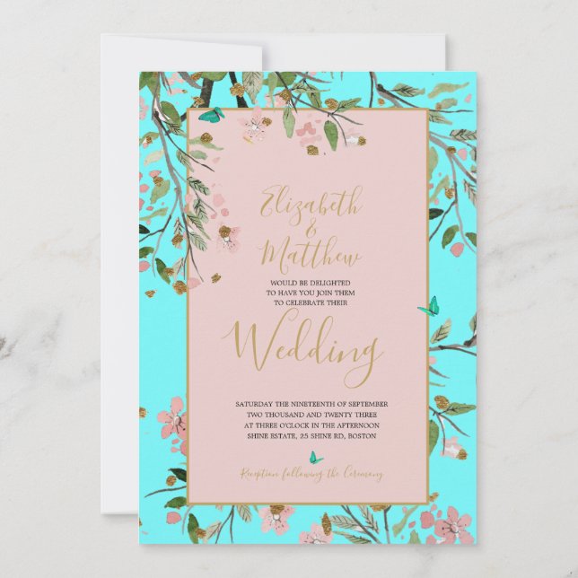 Floral Aqua Blue Elegant Gold Chinoiserie Wedding Invitation (Back)