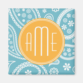 Floral Aqua Blue Paisley Pattern & Yellow Monogram Magnet