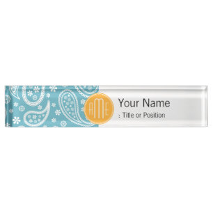 Floral Aqua Blue Paisley Pattern & Yellow Monogram Nameplate