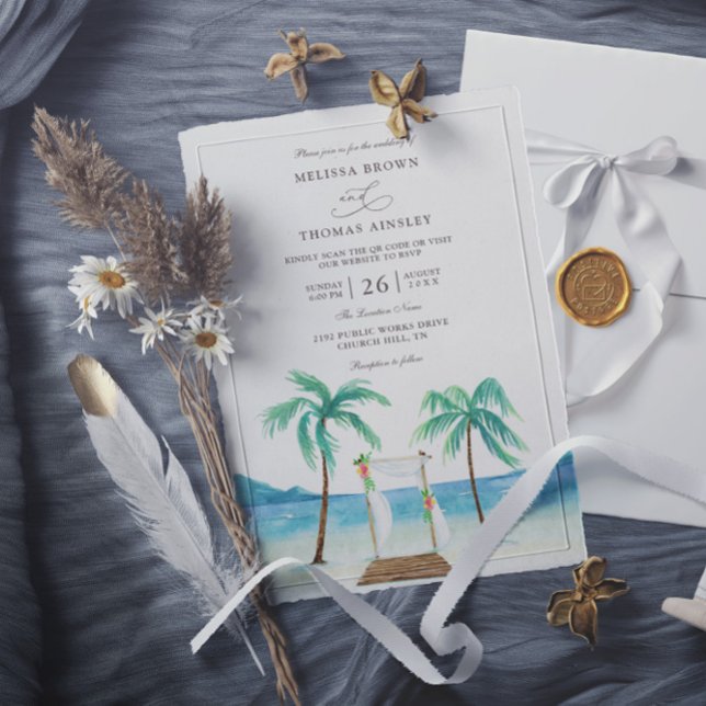 Floral Arbor Tropical Beach Budget QR Code Wedding Invitation (Creator Uploaded)