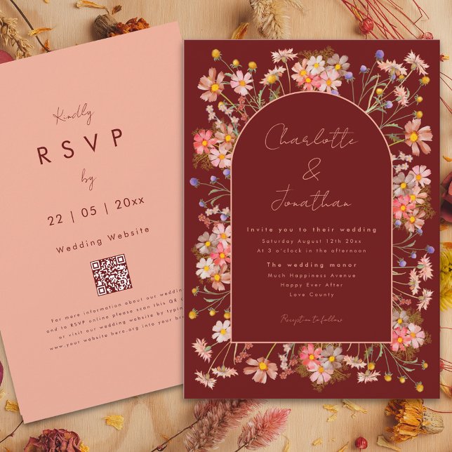 Floral Arch Burnt Orange Terracotta Fall Wedding Invitation (Wildflower arch boho script burgundy terracotta fall wedding invitation with qr code)