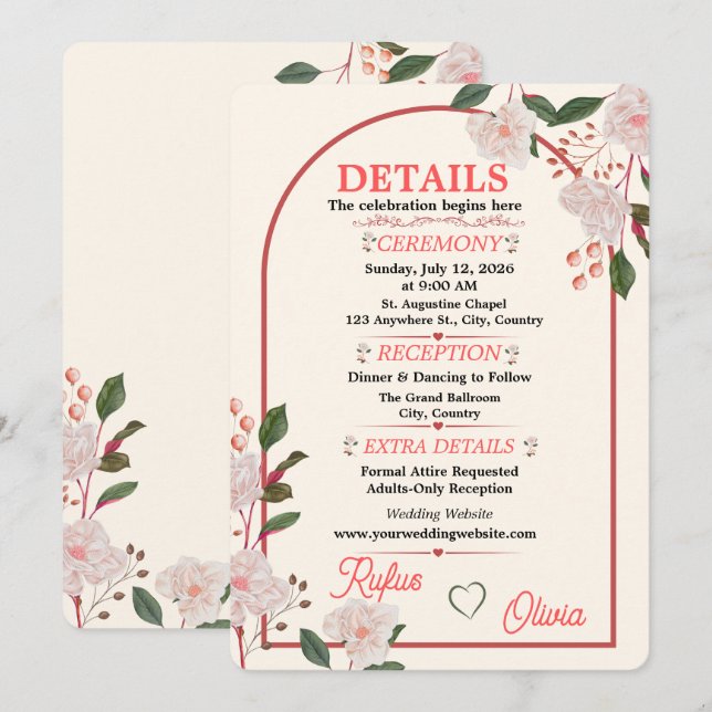 Floral Arch Editable Wedding Details Card (Front/Back)