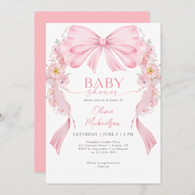 Floral Arch Girl Ribbon Bow Coquette Baby Shower Invitation (Front/Back)