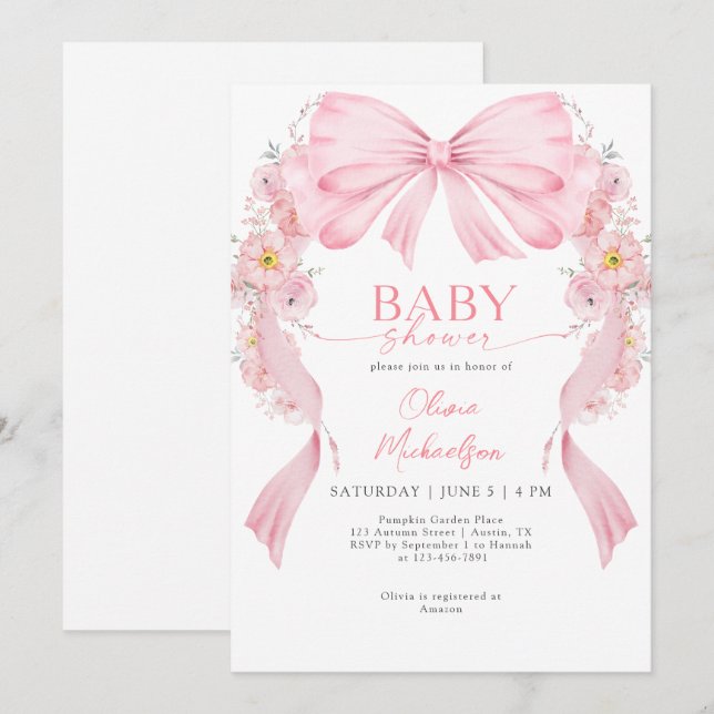 Floral Arch Girl Ribbon Pink Coquette Baby Shower Invitation (Front/Back)