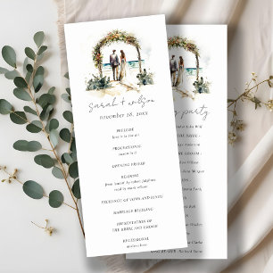 Floral Arch Sand Beach Seascape Wedding Program Invitation