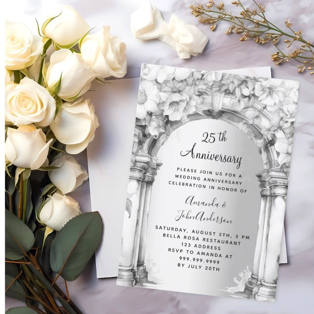 Floral arch silver 25th wedding anniversary invitation (Creator Uploaded)