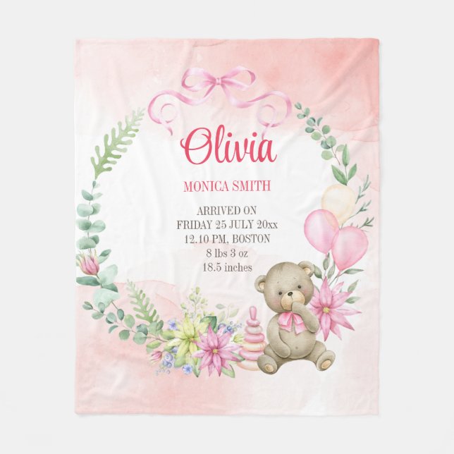Floral arch teddy bear baby stats baby blanket (Front)