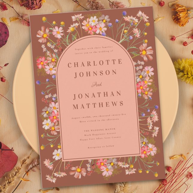 Floral Arch Terracotta Burnt Orange Fall Wedding Invitation (Boho floral arch terracotta burnt orange peach fall wedding invitation with watercolor wildflowers )