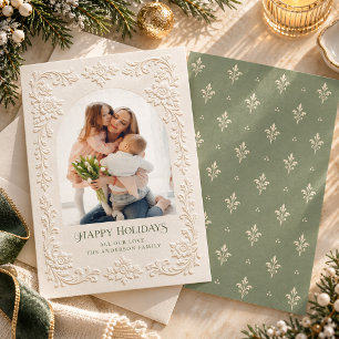 Floral Arch Vintage Fleur-de-lis Embossed Photo Holiday Card