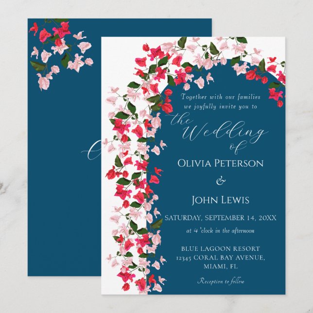 Floral Arch with Bougainvillea wedding Invitation (Front/Back)
