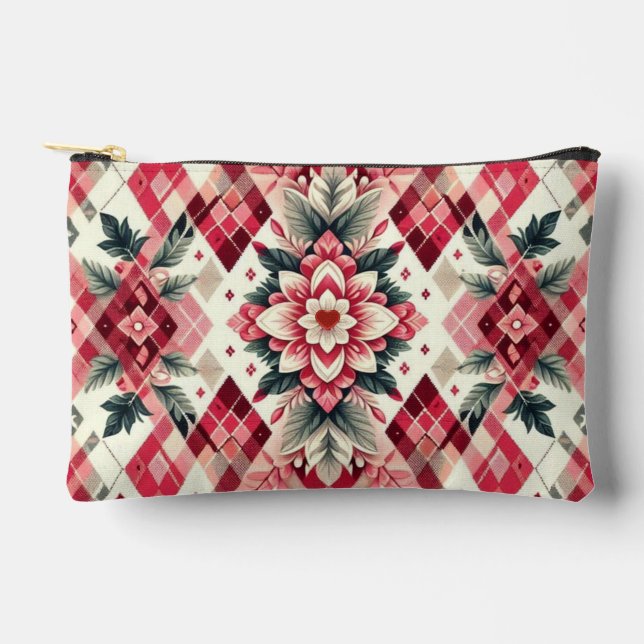 Floral argyle Valentine's day Accessory Pouch (Front)