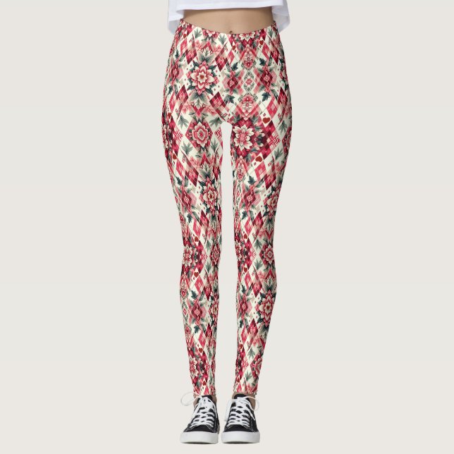 Floral argyle Valentine's day Leggings (Front)