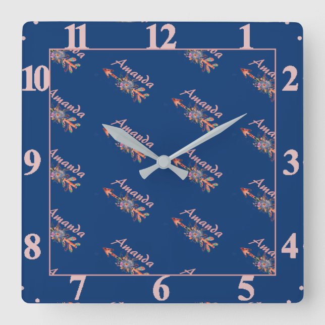 Floral arrows personalised square wall clock (Front)