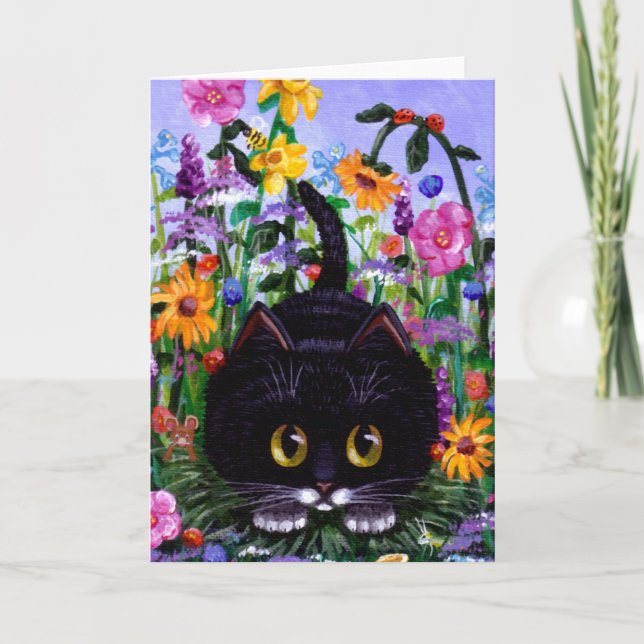 Floral Art Black Tuxedo Cat Flowers Creationarts Card (Front)