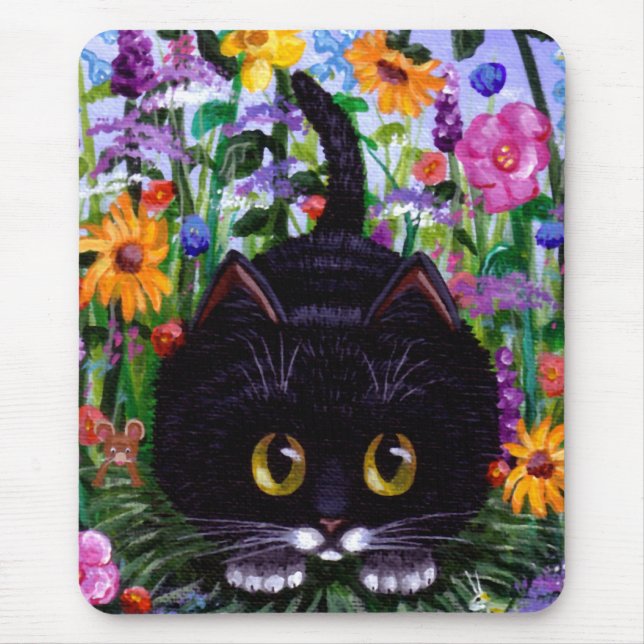 Floral Art Black Tuxedo Cat Flowers Creationarts Mouse Mat (Front)