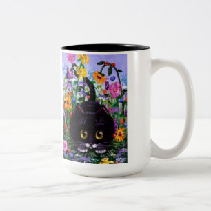 Floral Art Black Tuxedo Cat Flowers Creationarts Two-Tone Coffee Mug