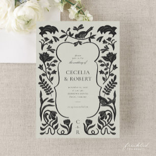 Floral Art Deco Black and Ivory Wedding Invitation