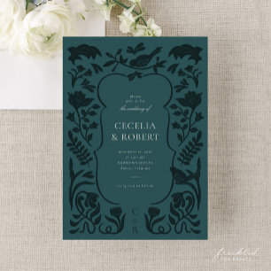 Floral Art Deco Dark Turquoise Wedding Invitation