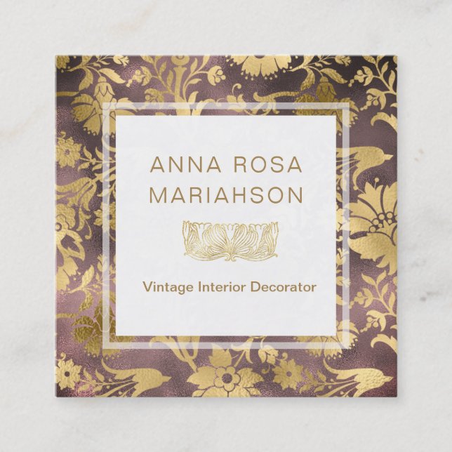 *~* Floral Art Deco Gold Gilded Pattern Square Business Card (Front)