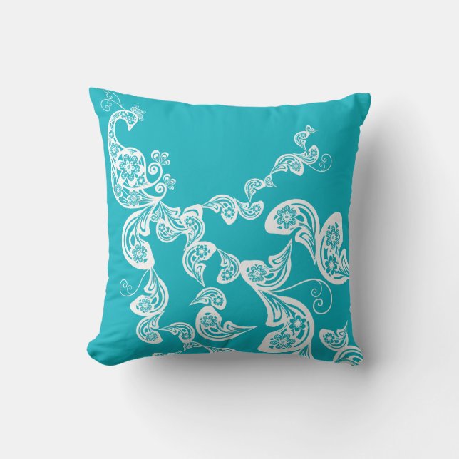 Floral Art Deco Peacock Paisley Chic Turquoise Cushion (Front)